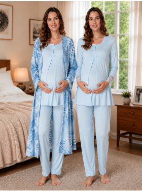 Effortt 9044 Mavi Sabahlıklı Hamile Lohusa Pijama Takımı